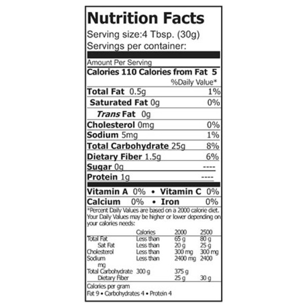 A nutrition label displaying the nutritional information of Rainy Day Foods Gluten-Free Artisan Flour Blend in a 5 lbs Mylar bag.