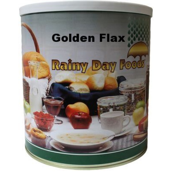A tin of golden flax rainy day food.