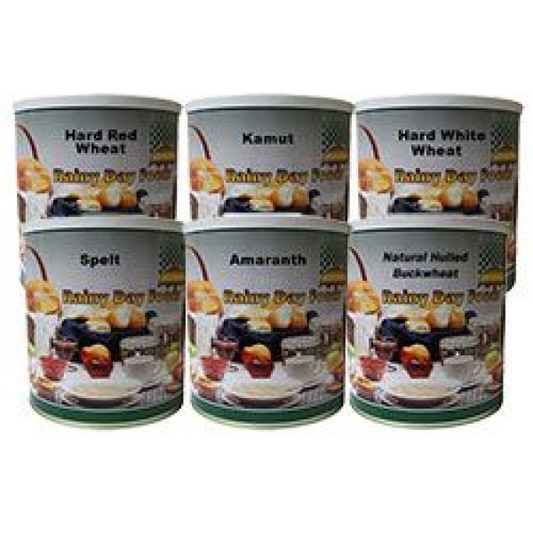 Five cans of wheat flour with different flavors.