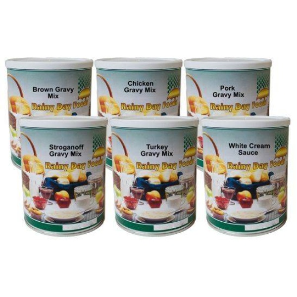 Rainy Day Foods Gravy Variety Pack - (SHIPS IN 5-10 WEEKS), six cans on a white background.