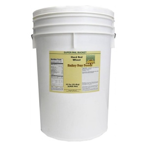 A white bucket labeled Rainy Day Foods Hard Red Wheat, 5 Gallon, 36 lbs Super Pail.