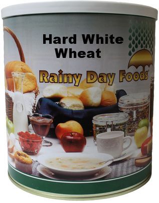 A tin of hard white wheat rainy day foods.