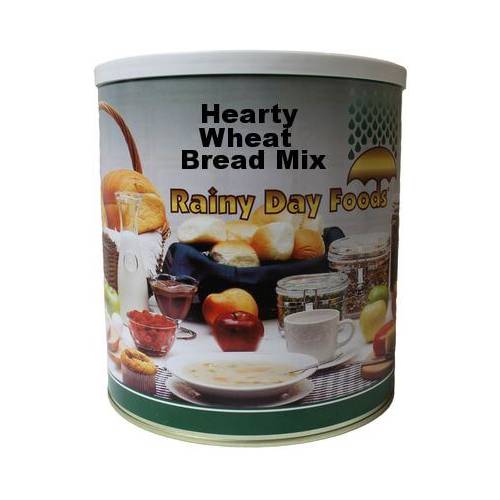 A tin of Rainy Day Foods hearty wheat bread mix on a white background.