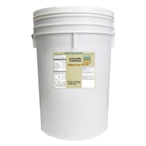 A white *Rainy Day Foods Instant Milk (Non-Fat) 5 Gallon 25 lbs Super Pail - 493 Servings - (SHIPS IN 5-10 WEEKS) bucket with a label on it.