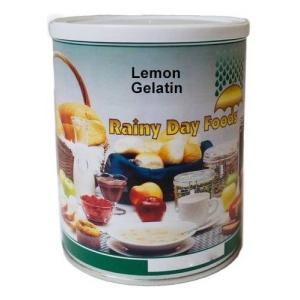 A can of lemon gelatin, perfect for rainy day foods.