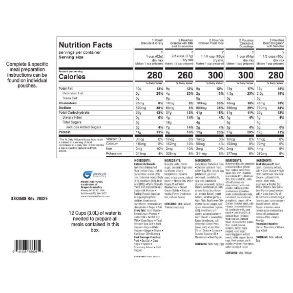 The nutrition facts label for the Mountain House 3 Day Emergency Kit (9 Pouches) - (SHIPS IN 1-2 WEEKS).