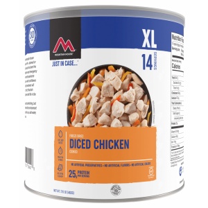 A tin of Mountain House Freeze-Dried Diced Chicken 17 oz #10 Can - 14 Servings - (SHIPS IN 1-2 WEEKS) in a can.