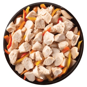 Mountain House Freeze-Dried Diced Chicken 17 oz #10 Can - 14 Servings - (SHIPS IN 1-2 WEEKS) and peppers in a bowl on a white background.