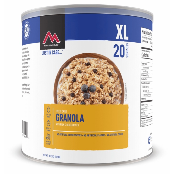 A Mountain House Granola with Blueberries and Milk #10 Can - 20 Servings - (SHIPS IN 1-2 WEEKS) on a white background.