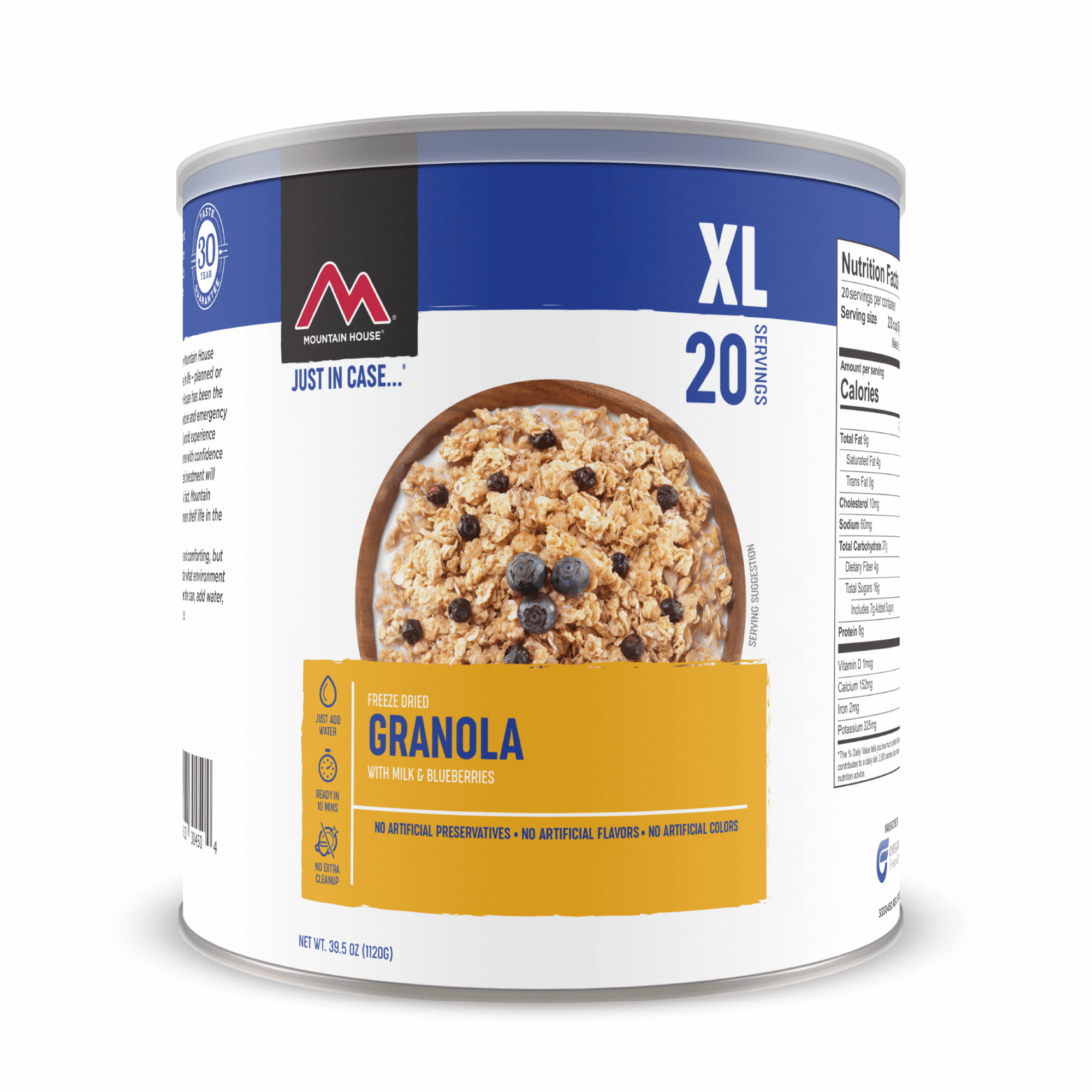 A Mountain House Granola with Blueberries and Milk #10 Can - 20 Servings - (SHIPS IN 1-2 WEEKS) on a white background.