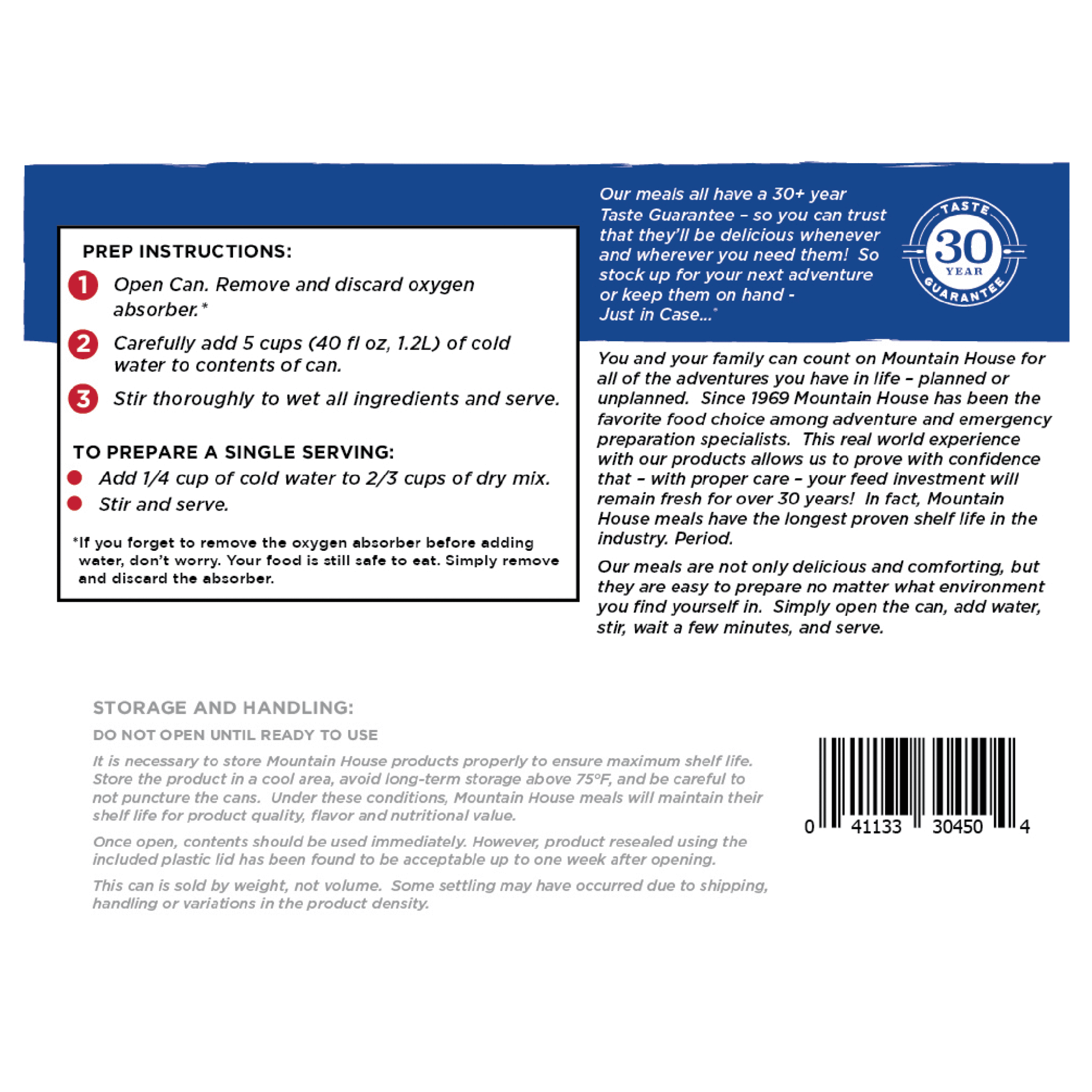 The back of a Mountain House Granola with Blueberries and Milk #10 Can - 20 Servings - (SHIPS IN 1-2 WEEKS) label.