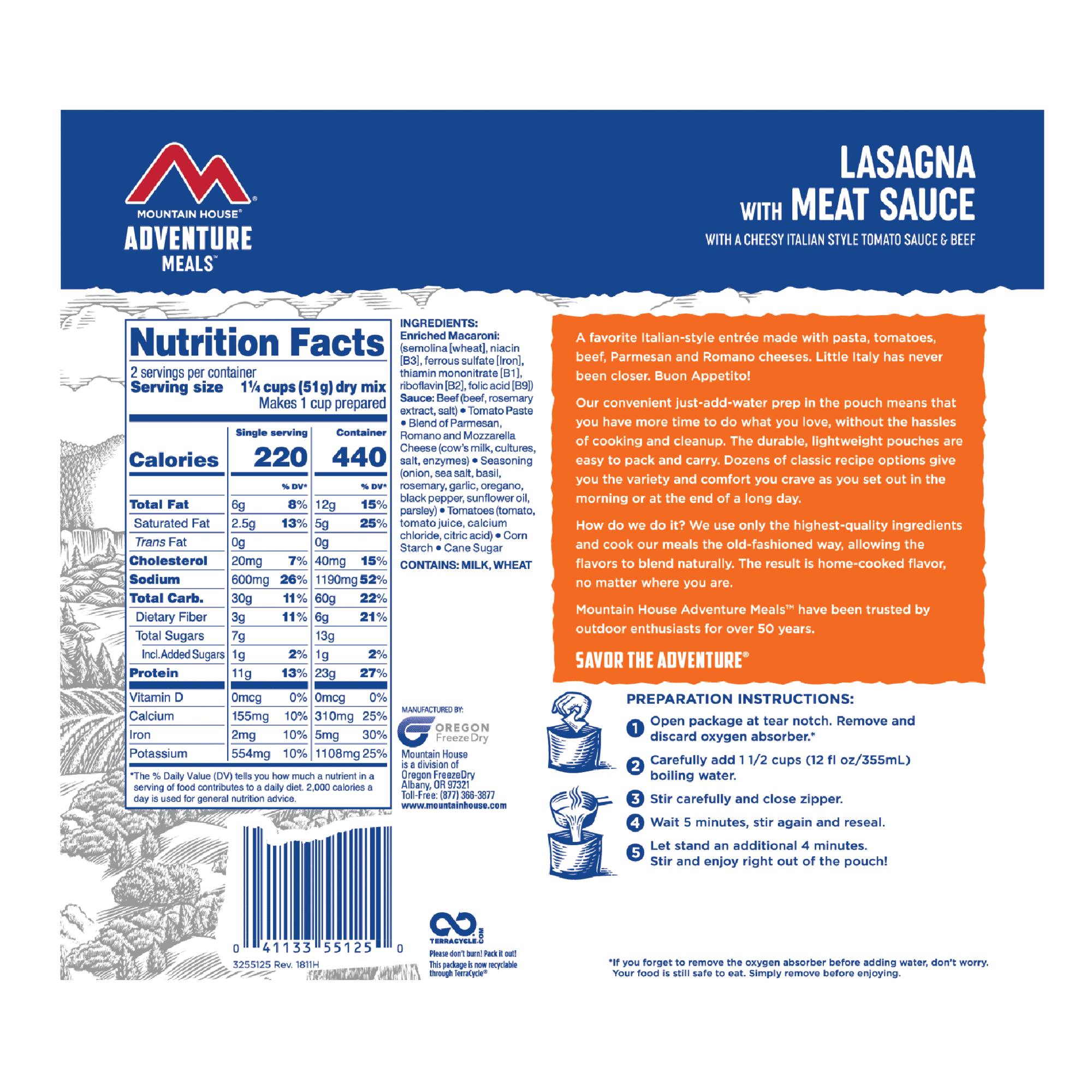 The back of a package of Mountain House Lasagna with Meat Sauce Pro Pack Mylar Pouch - 2 Servings - (SHIPS IN 1-2 WEEKS).
