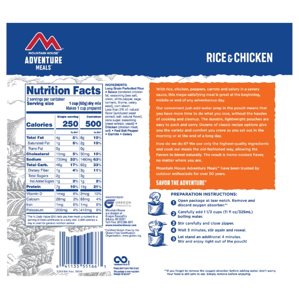 The back of the label for Mountain House Rice and Chicken Mylar Pouch - 2 Servings - (SHIPS IN 1-2 WEEKS).