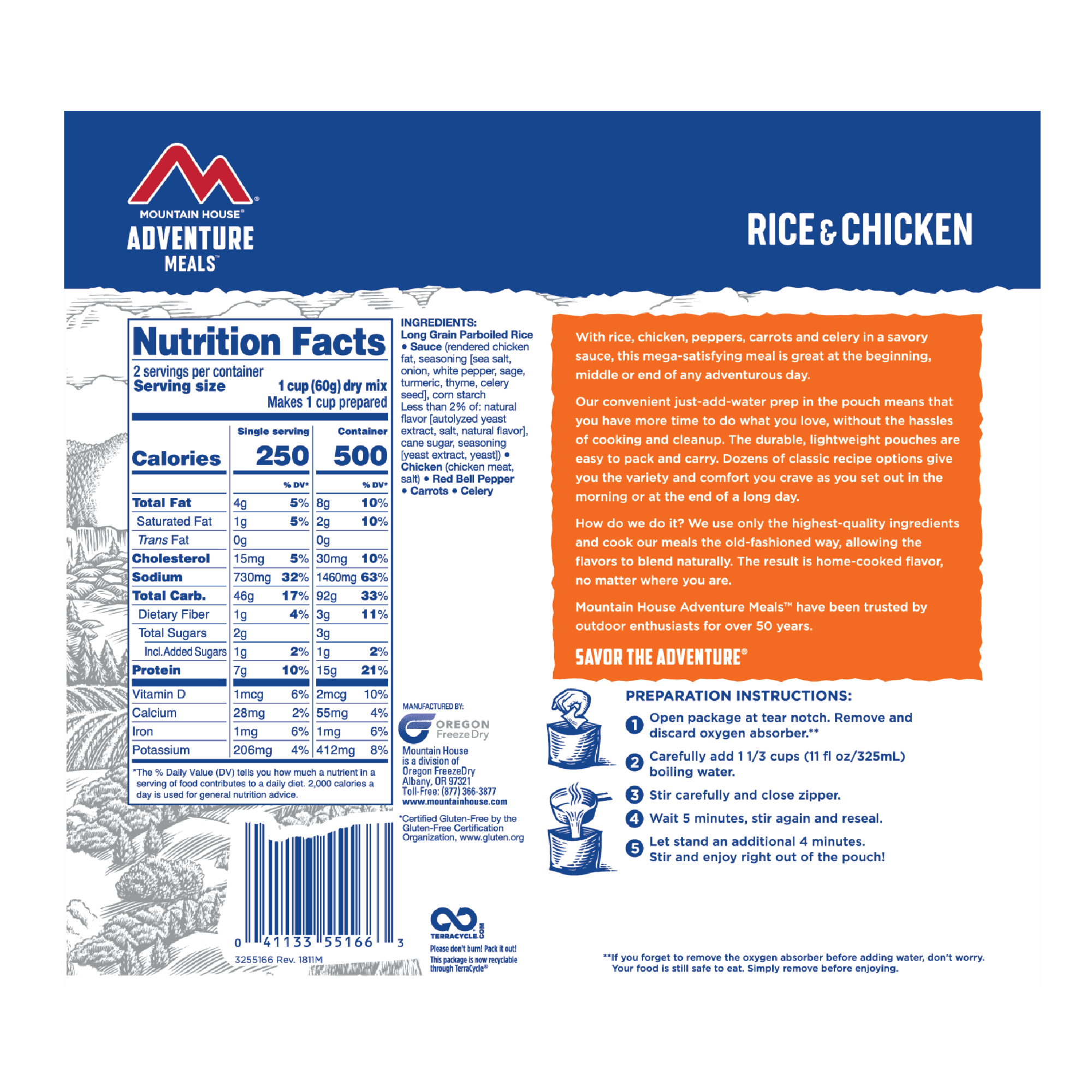 The back of the label for Mountain House Rice and Chicken Mylar Pouch - 2 Servings - (SHIPS IN 1-2 WEEKS).