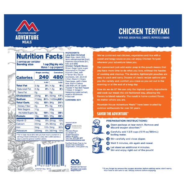 The back of the label for Mountain House Chicken Teriyaki with Rice Mylar Pouch - 2 Servings - (SHIPS IN 1-2 WEEKS) tetanus.