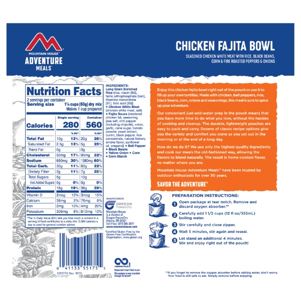 The back of the label for Mountain House Gluten-Free Dehydrated Chicken Fajita Bowl Mylar Pouch - 2 Servings - (SHIPS IN 1-2 WEEKS).