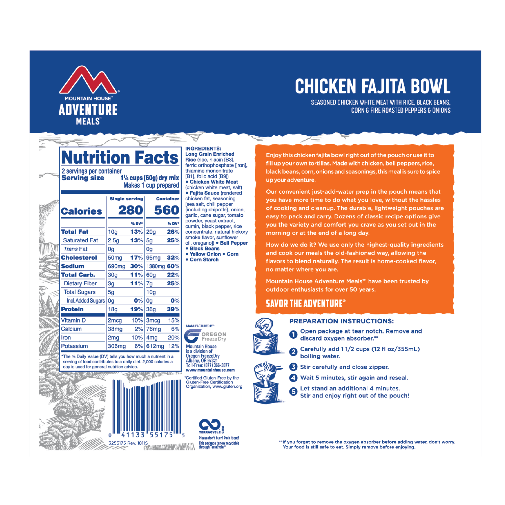 The back of the label for Mountain House Gluten-Free Dehydrated Chicken Fajita Bowl Mylar Pouch - 2 Servings - (SHIPS IN 1-2 WEEKS).