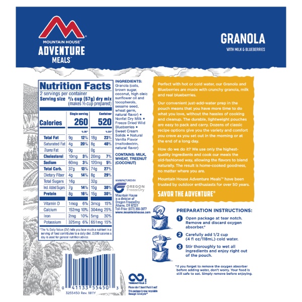 Mountain House Granola with Blueberries and Milk Mylar Pouch - 2 Servings - (SHIPS IN 1-2 WEEKS) adventure granola adventure granola adventure granola adventure granola adventure granola