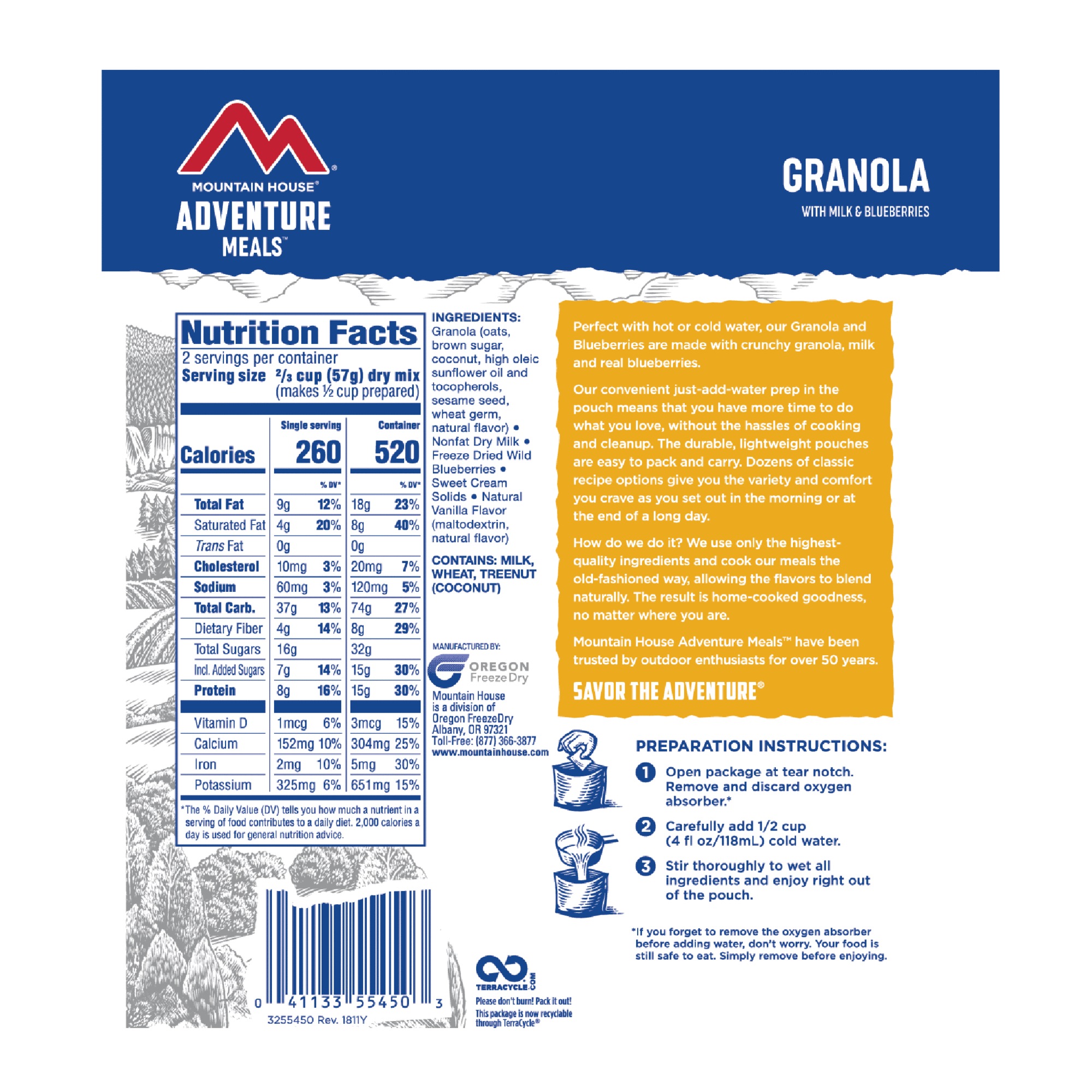 Mountain House Granola with Blueberries and Milk Mylar Pouch - 2 Servings - (SHIPS IN 1-2 WEEKS) adventure granola adventure granola adventure granola adventure granola adventure granola
