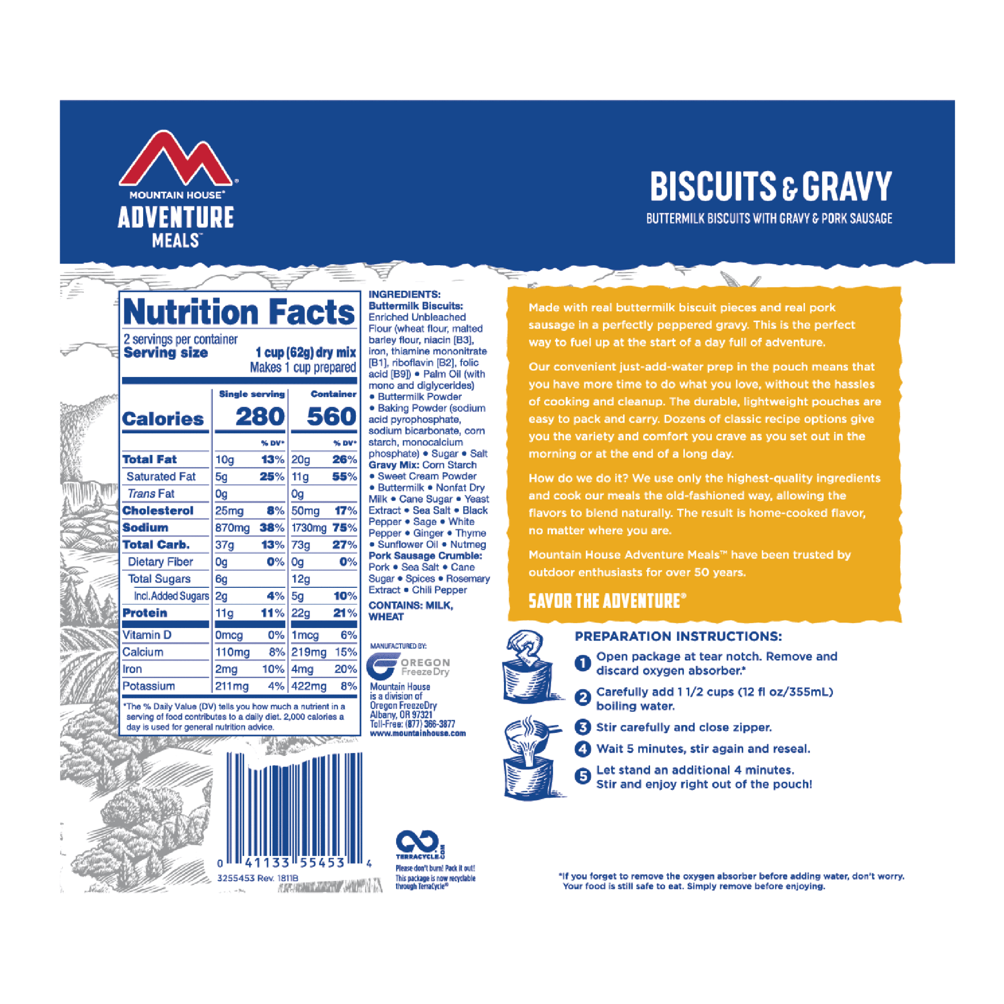 Mountain House Biscuits and Gravy Mylar Pouch - 2 Servings - (SHIPS IN 1-2 WEEKS) nutrition facts label.