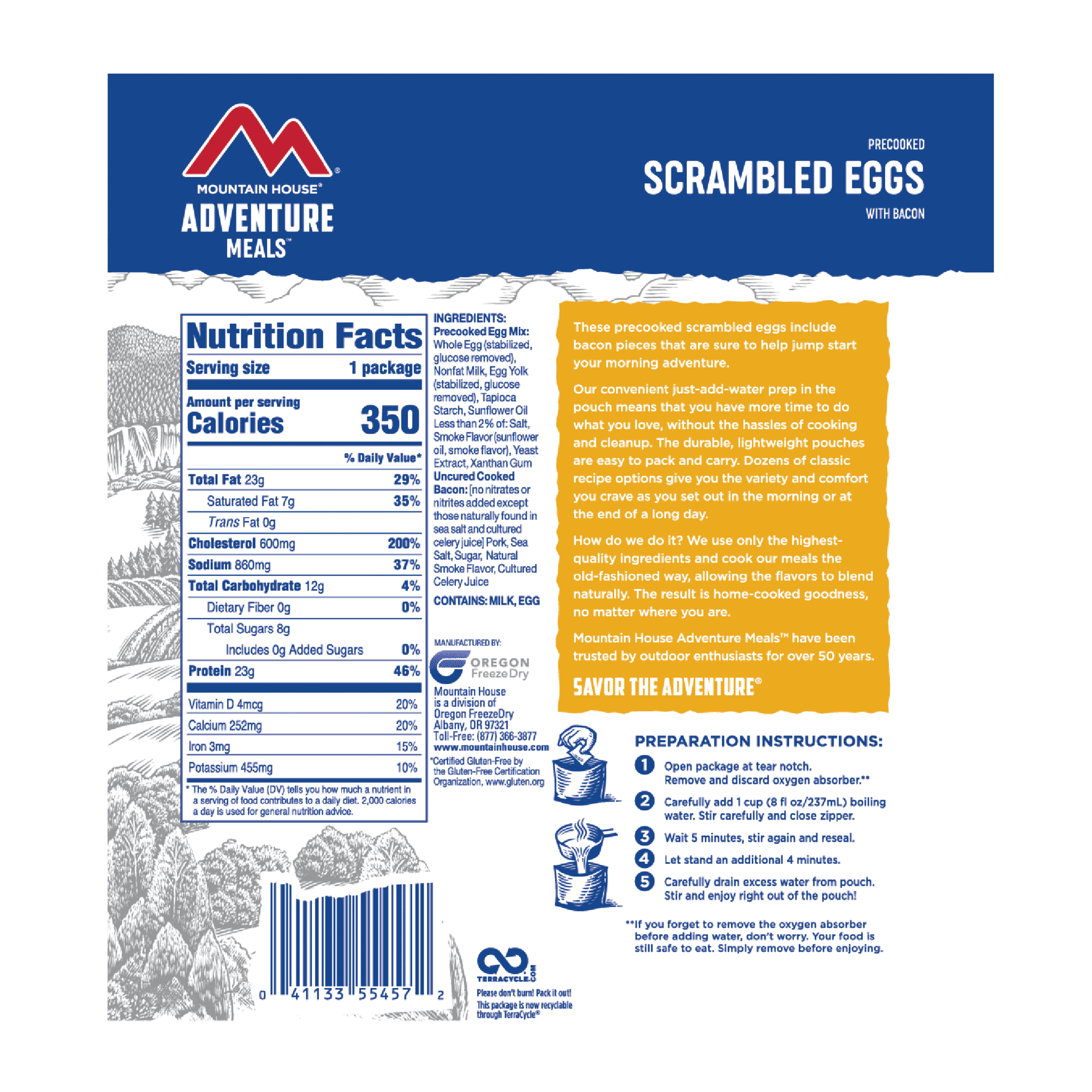 Mountain House Scrambled Eggs with Bacon nutrition label.