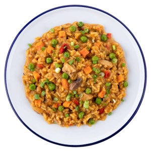 A Mountain House Chicken Teriyaki with Rice Mylar Pouch - 2 Servings - (SHIPS IN 1-2 WEEKS) of rice with vegetables and peas on a white background.