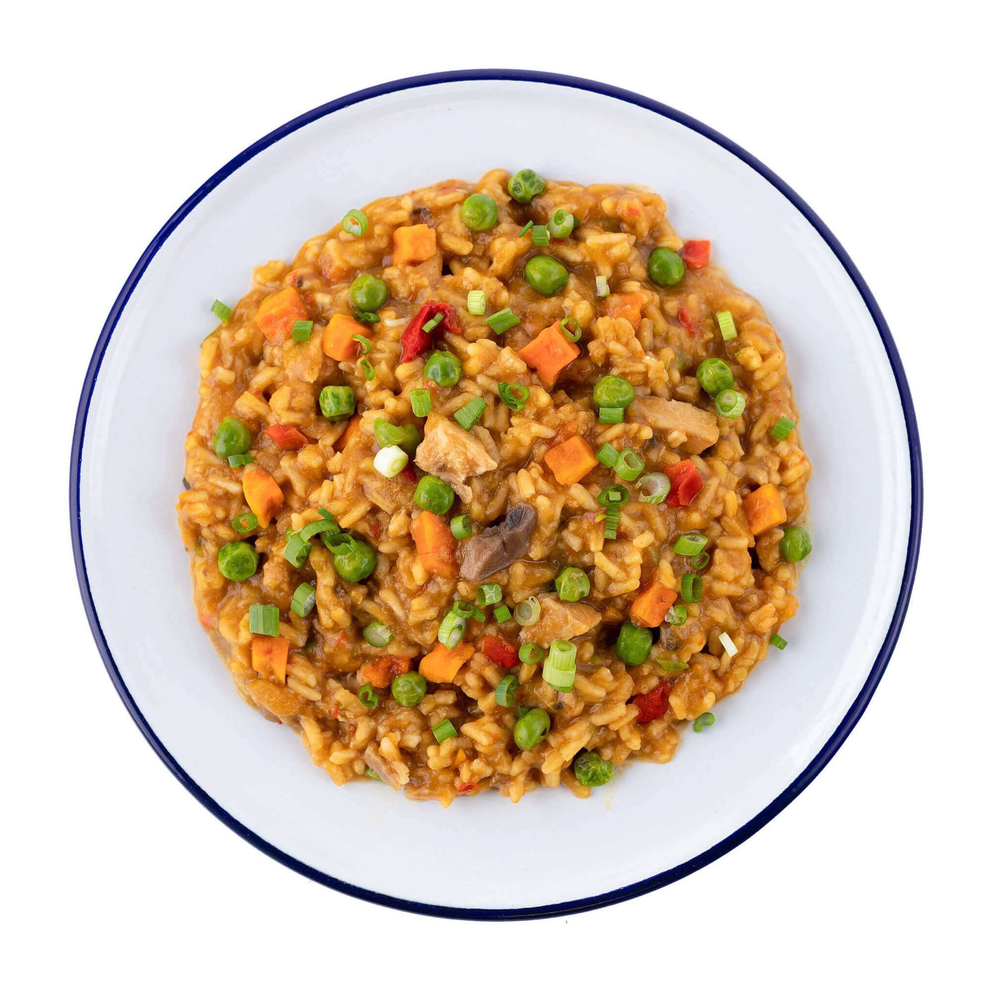 A Mountain House Chicken Teriyaki with Rice Mylar Pouch - 2 Servings - (SHIPS IN 1-2 WEEKS) of rice with vegetables and peas on a white background.