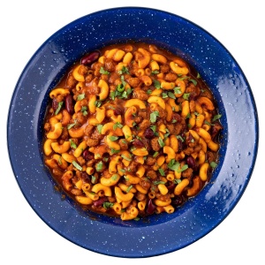 A bowl of Mountain House Chili Mac Mylar Pouch - 2 Servings - (SHIPS IN 1-2 WEEKS) with macaroni and cheese.