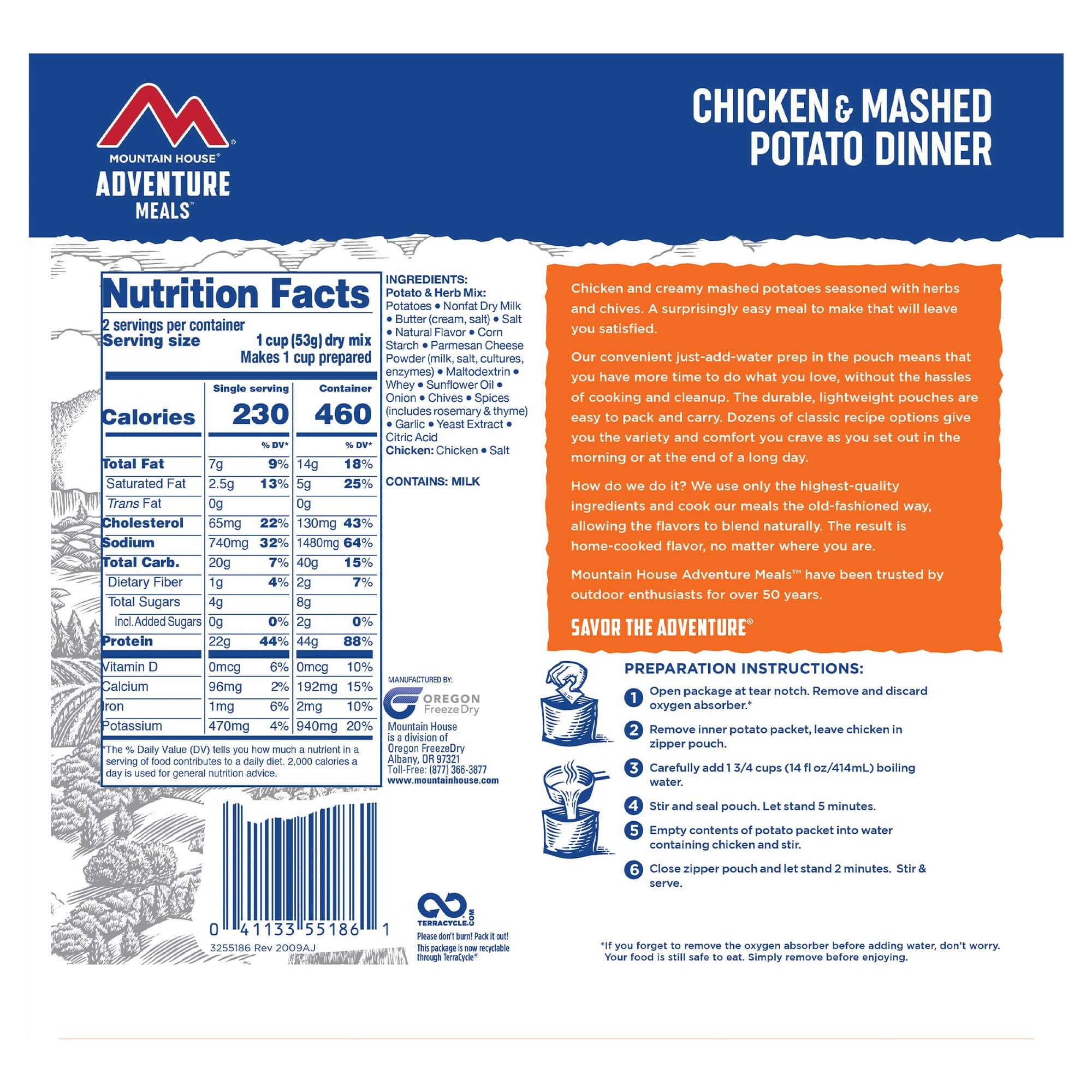 Mountain House Chicken with Mashed Potatoes Mylar Pouch - Gluten-Free - 2 Servings - (SHIPS IN 1-2 WEEKS) nutrition label.