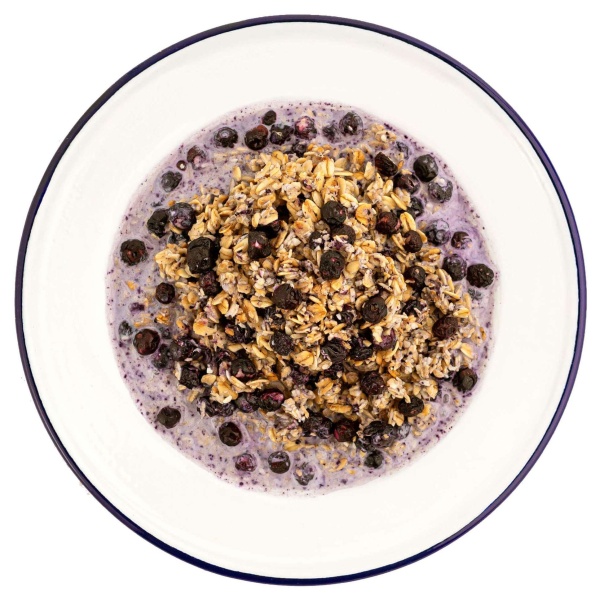 A bowl of oatmeal with Mountain House Granola with Blueberries and Milk #10 Can - 20 Servings - (SHIPS IN 1-2 WEEKS).