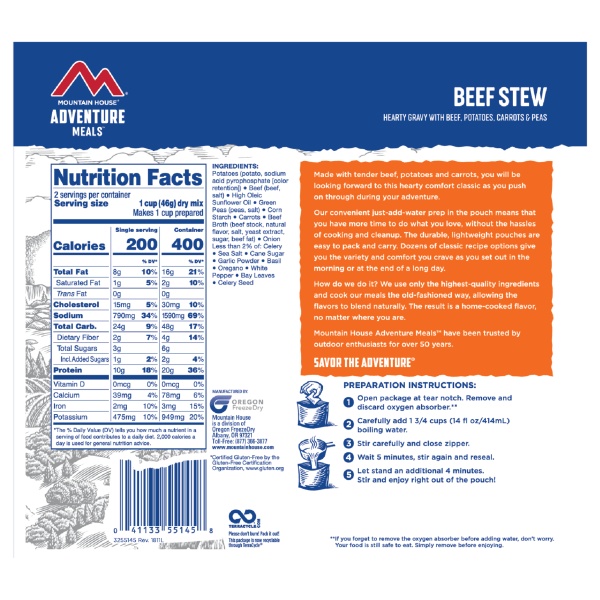 The back of a box of Mountain House Beef Stew Pouch - Gluten-Free - 2 Servings - (SHIPS IN 1-2 WEEKS).