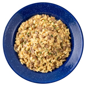 A bowl of Mountain House Beef Stroganoff Mylar Pouch - 2 Servings - (SHIPS IN 1-2 WEEKS) with meat in it.