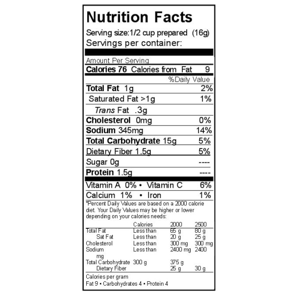 A nutrition label for Rainy Day Foods Potato Butter Bits.