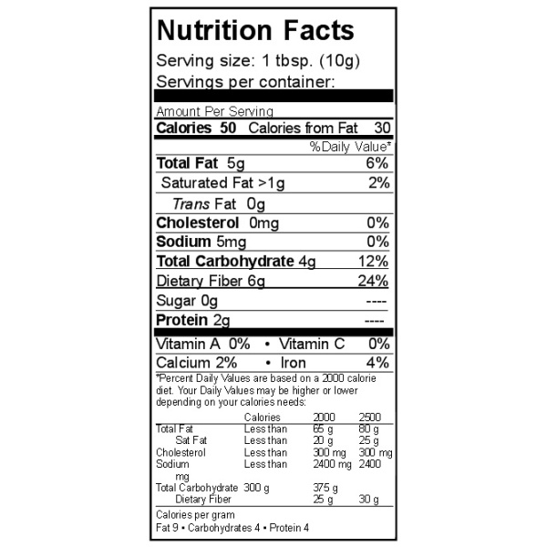 Nutrition label for Rainy Day Foods Golden Flax, 25 lbs bag.