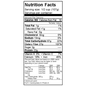 A gluten-free nutrition label for Rainy Day Foods' small white navy beans protein powder, available in a 50 lbs bag with 212 servings and ships in 5-10 weeks.