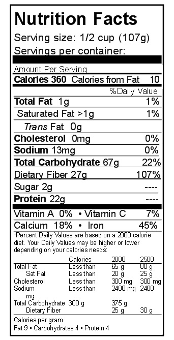 A gluten-free nutrition label for Rainy Day Foods' small white navy beans protein powder, available in a 50 lbs bag with 212 servings and ships in 5-10 weeks.