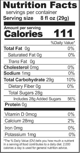 A nutrition label displaying the facts of Rainy Day Foods Peach Drink in a 94 oz #10 can, with 92 servings.