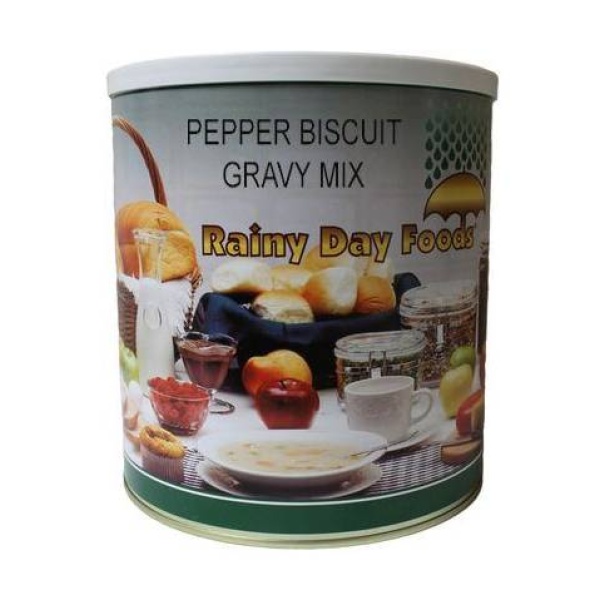 Tin of Rainy Day Foods pepper biscuit gravy mix on a white background.