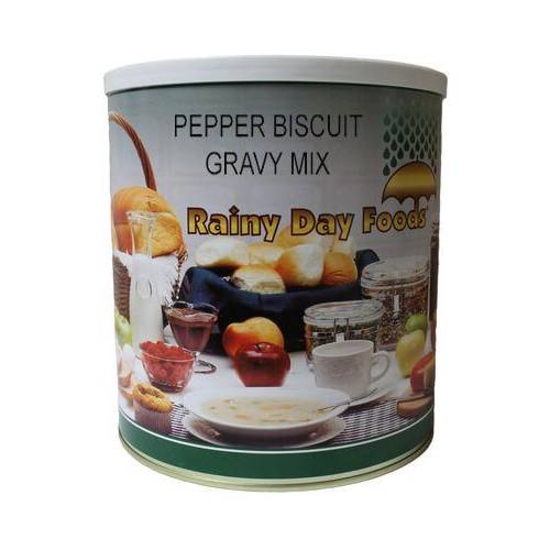 Tin of Rainy Day Foods pepper biscuit gravy mix on a white background.