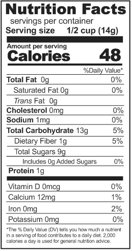A nutrition label displaying the nutrition facts of Rainy Day Foods' Gluten-Free Non-GMO Freeze-Dried Pineapple Chunks in #2.5 Cans.