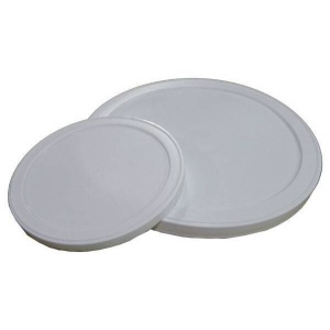 Rainy Day Foods Plastic Lids for #10 Can - Two white plastic lids on a white surface.
