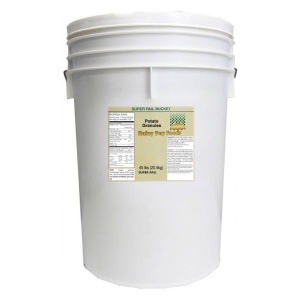 A white bucket with a white label on it containing Rainy Day Foods Potato Granules.