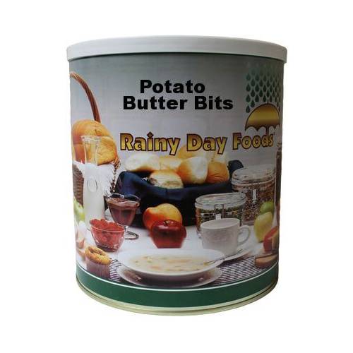 Rainy Day Foods Potato Butter Bits tin on white background.