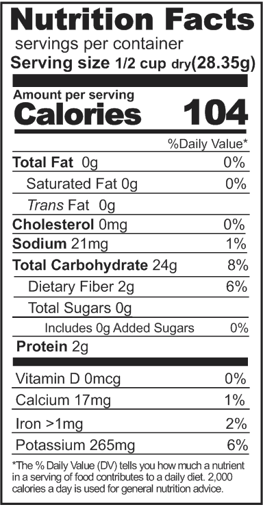 A nutrition label displaying the facts of Rainy Day Foods Dehydrated Potato Slices.