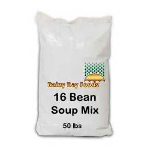A Rainy Day Foods bag of gluten-free 16 bean soup mix with 246 servings, shipped in 5-10 weeks.