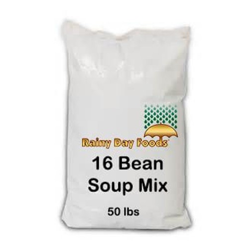 A Rainy Day Foods bag of gluten-free 16 bean soup mix with 246 servings, shipped in 5-10 weeks.
