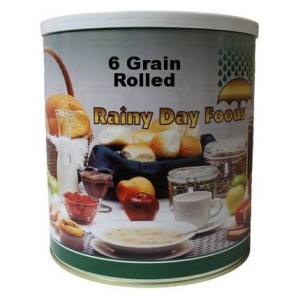 A 48 oz #10 Can of Rainy Day Foods 6 Grain Rolled, with 24 servings.