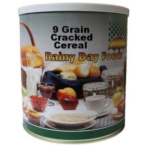 A tin of Non-GMO 9 Grain Cracked Cereal - Rainy Day Food.