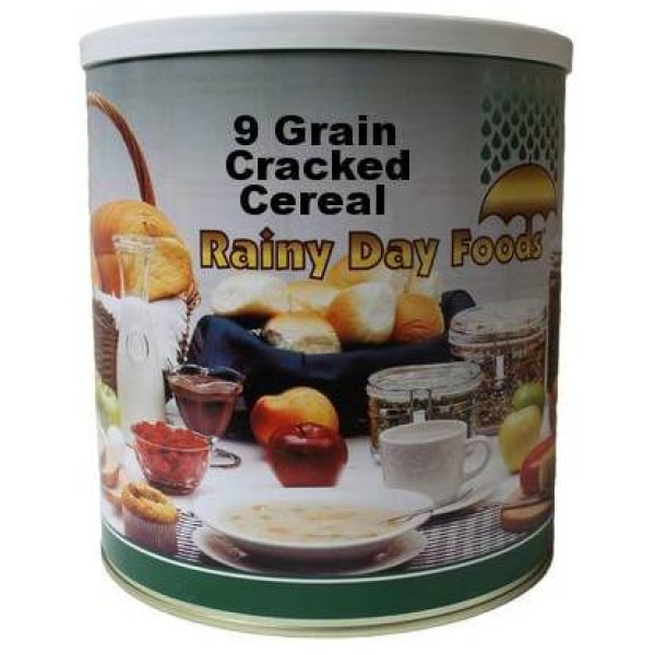 A tin of Non-GMO 9 Grain Cracked Cereal - Rainy Day Food.