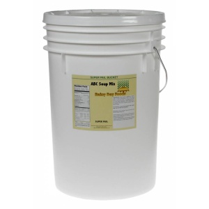 A white bucket with a white label on it, containing Rainy Day Foods ABC Soup Mix 5 Gallon Super Pail.